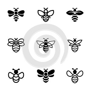 Illustraition of cute flat bee icons set, black white