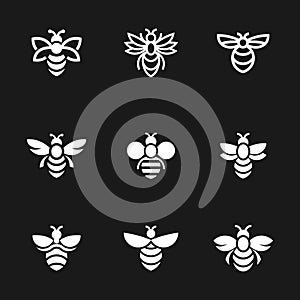Illustraition of cute flat bee icons set, black white
