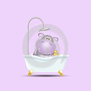 An illustraiton of happy hippo on shower for grooming