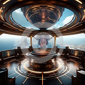 illustrate an ai controlled navigation room with advanced technology guiding the ship through complete