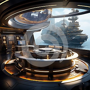 illustrate an ai controlled navigation room with advanced technology guiding the ship through complete