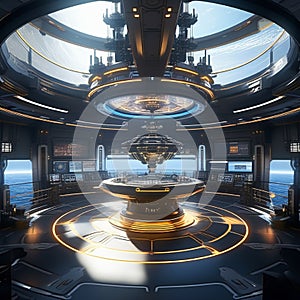 illustrate an ai controlled navigation room with advanced technology guiding the ship through complete