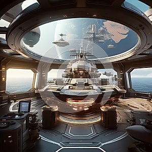 illustrate an ai controlled navigation room with advanced technology guiding the ship through complete