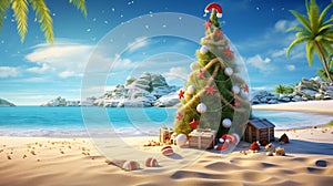 Illustrate a beachside Christmas celebration with a palm tree decked out in holiday decor and surrounded by sandcastles and