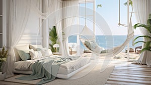 Illustrate a coastal-inspired luxury bedroom with a beachfront view, soft pastel hues, and a comfortable hammock chair for