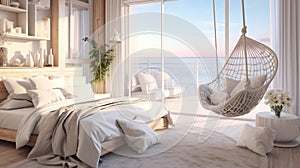 Illustrate a coastal-inspired luxury bedroom with a beachfront view, soft pastel hues, and a comfortable hammock chair for