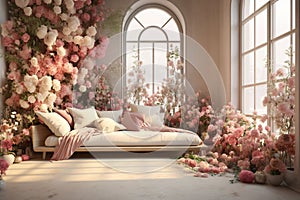 Illustrate the concept of flowerthemed home. Generative ai