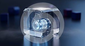 Data security concept: Glowing lock inside a transparent cube.