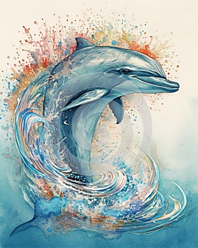 illustrate of a dolphin in watercolor painting style jump out of the water