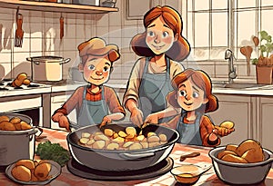 Illustrate produced by AI about brother and sister spending time together and helping they're mother at kitchen