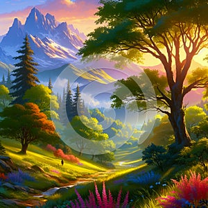 Illustrate a serene peaceful nature scene in summer. This scene inspires peace, awe, and tranquility. Vivid beautiful colors.