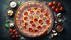 Illustrate a top-down image of a freshly baked Pepperoni pizza with bubbly, melted mozzarella cheese,