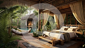 Illustrate a tropical paradise luxury bedroom with a bamboo canopy bed, lush greenery, and a private outdoor terrace with a hot