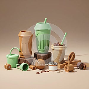 Illustrate the use of sustainable props, such as reusable cups, to depict reducing waste in daily life. 3d render.