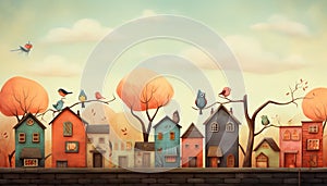 Illustrate a vibrant avian neighborhood with colorful small houses