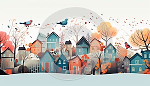 Illustrate a vibrant avian neighborhood with colorful small houses