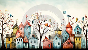 Illustrate a vibrant avian neighborhood with colorful small houses