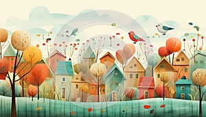 Illustrate a vibrant avian neighborhood with colorful small houses