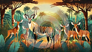 illustrated african animals with sunset