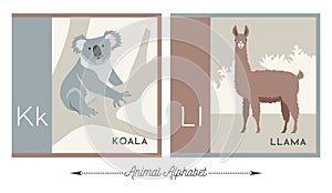 Illustrated alphabet cards with animals for kids. Letter K for Koala and letter L for Llama.