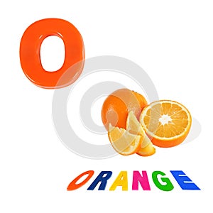 Illustrated alphabet letter o and orange on white