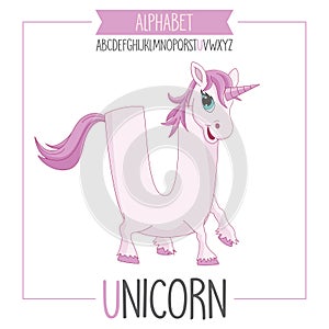 Illustrated Alphabet Letter U and Unicorn