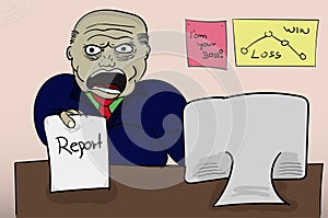 Illustrated angry boss holding report. Yeling (screaming) angry