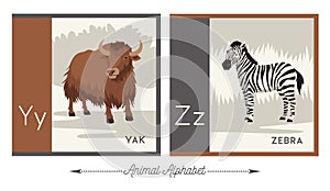 Illustrated animal alphabet for kids. Letter Y for yak and letter Z for zebra.