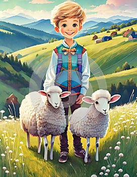 illustrated boy with sheep in a meadow