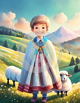 illustrated boy with sheep in a meadow