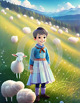 illustrated boy with sheep in a meadow