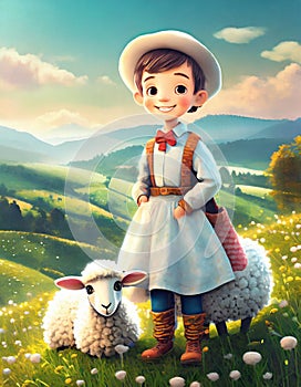 illustrated boy with sheep in a meadow