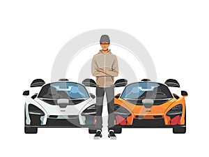 Illustrated of Boy with Two Supercars photo