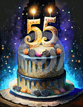 illustrated card with number fifty five with birthday cake