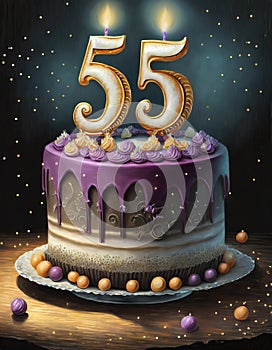 illustrated card with number fifty five with birthday cake