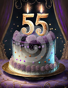 illustrated card with number fifty five with birthday cake