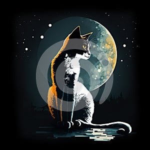 Illustrated cat under moon at night