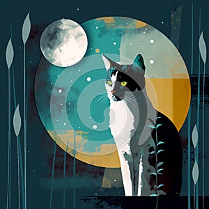 Illustrated cat under a moon at night