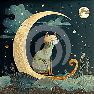 Illustrated cat under moon with waves