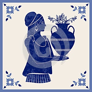 Illustrated ceramic tile. Ancient Greece girl carrying an amphora with olive branches