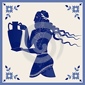 Illustrated ceramic tile. Ancient Greece man carrying an amphora