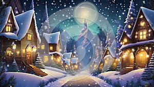 illustrated Christmas winter village with trees