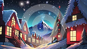illustrated Christmas winter village with trees