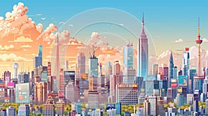 Illustrated city skyline with a multitude of colorful buildings and a clear blue sky, conveying a lively urban atmosphere