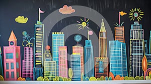 An illustrated cityscape covers one chalkboard wall bringing a touch of whimsy and playfulness to the studio. With each