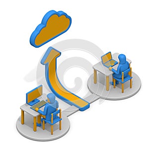 Illustrated cloud system and upload. People who work using the network. Business team work. isometric