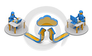 Illustrated cloud system and upload. People who work using the network. Business team work. isometric