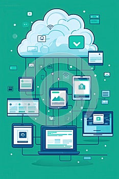 Illustrated Concept of Cloud Computing Devices Connected to a Central Network