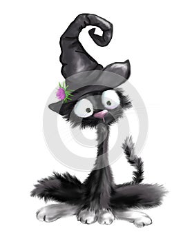 Illustrated Cute black cat with witch hat on Halloween