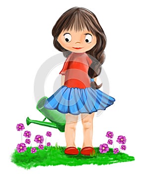 Illustrated cute gardener girl with watering-can